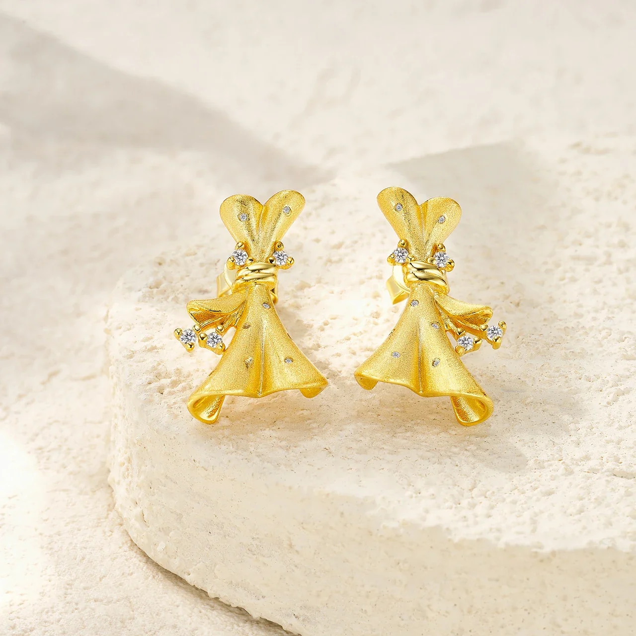 Sculptural Gold-Plated Bow Dress 925 Sterling Silver Stud Earrings