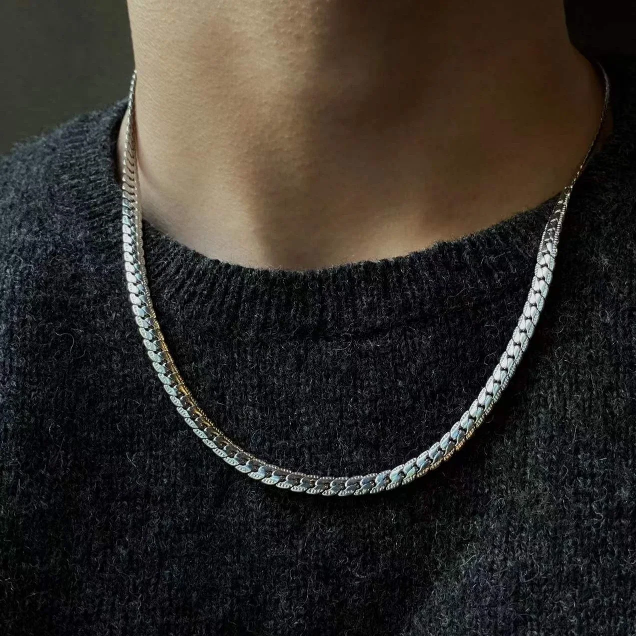 Embossed Polished Steel Cuban Link Chain Necklace