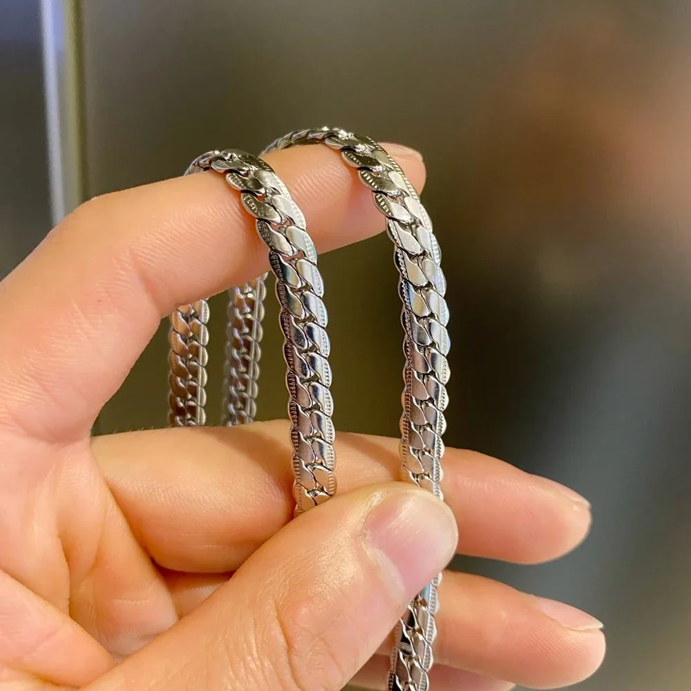 Embossed Polished Steel Cuban Link Chain Necklace