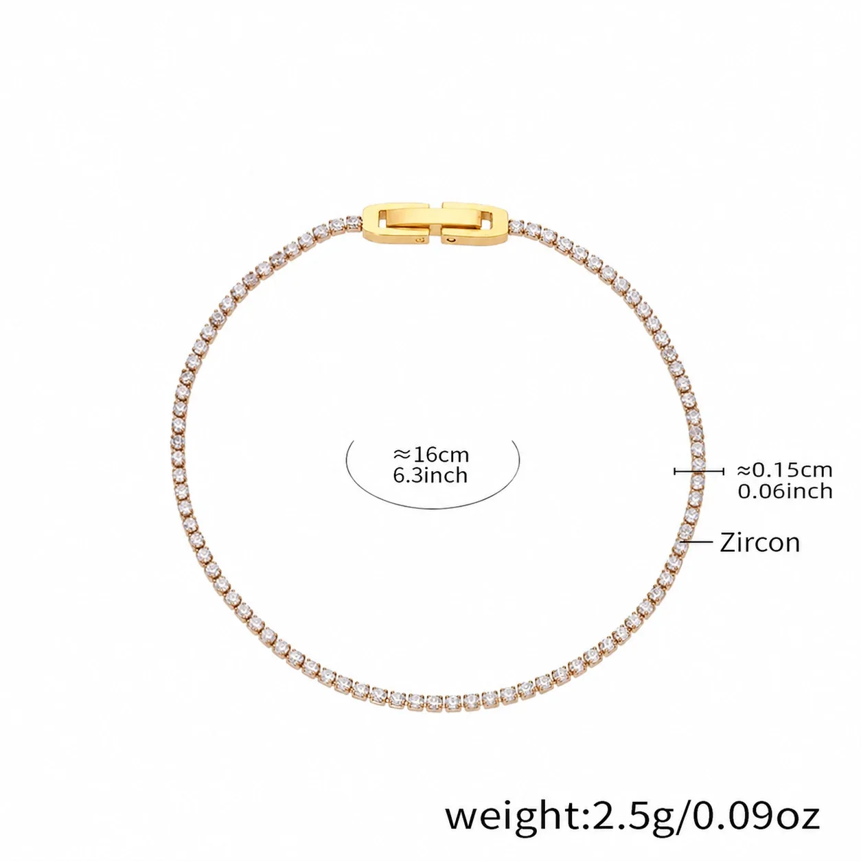 Dainty Round CZ 18K Gold-Plated Stainless Steel Tennis Bracelet - White Cubic Zirconia 18 cm