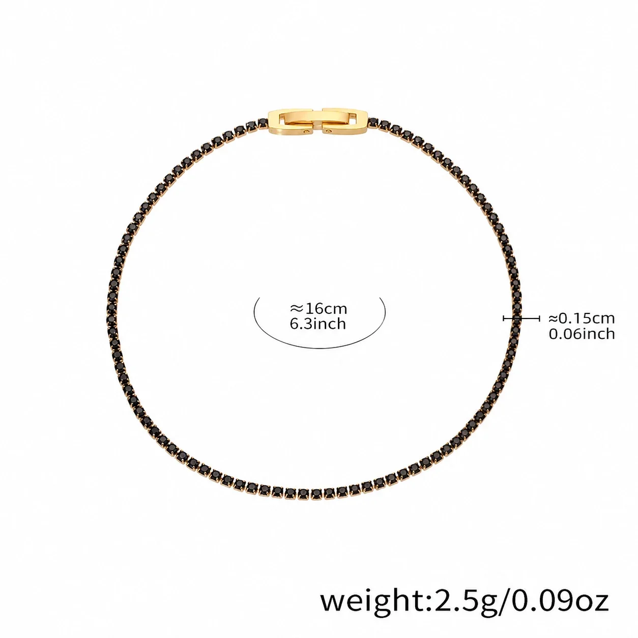 Dainty Round CZ 18K Gold-Plated Stainless Steel Tennis Bracelet - Black Cubic Zirconia 18 cm