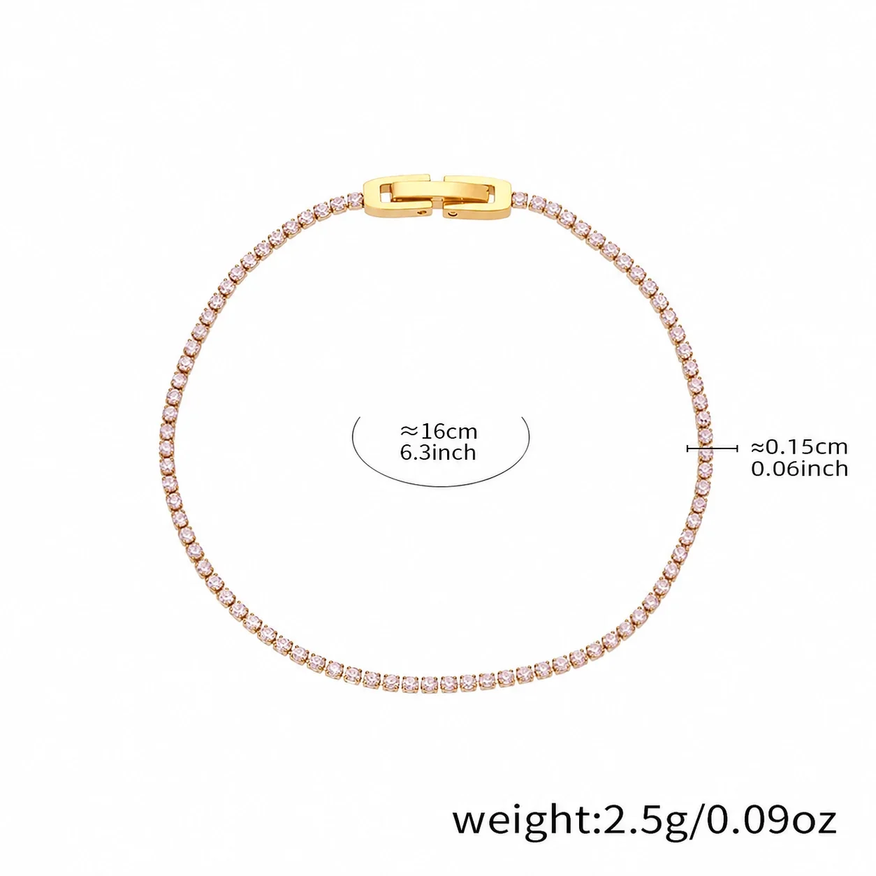 Dainty Round CZ 18K Gold-Plated Stainless Steel Tennis Bracelet - Pink Cubic Zirconia 16 cm