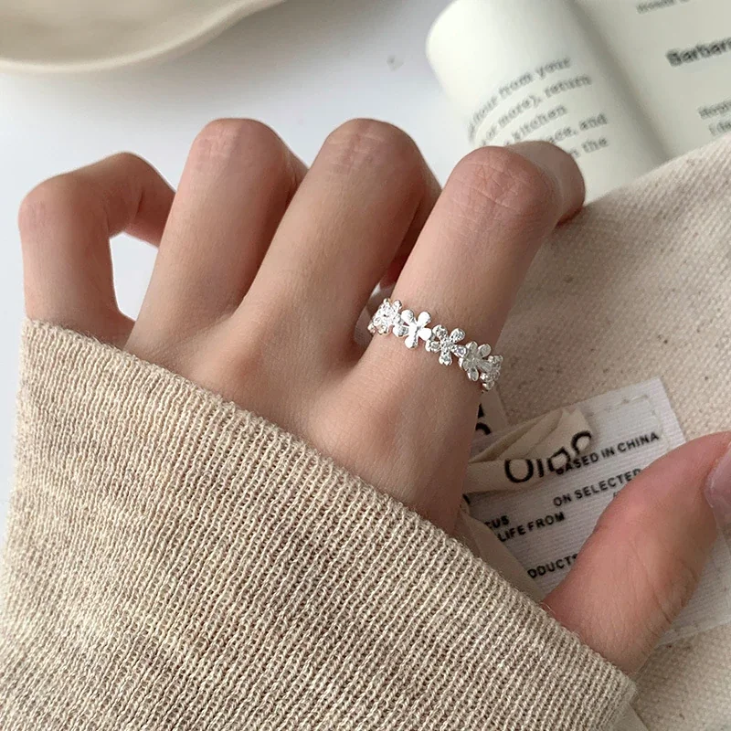 Botanical 925 Sterling Silver Floral Open Adjustable Ring