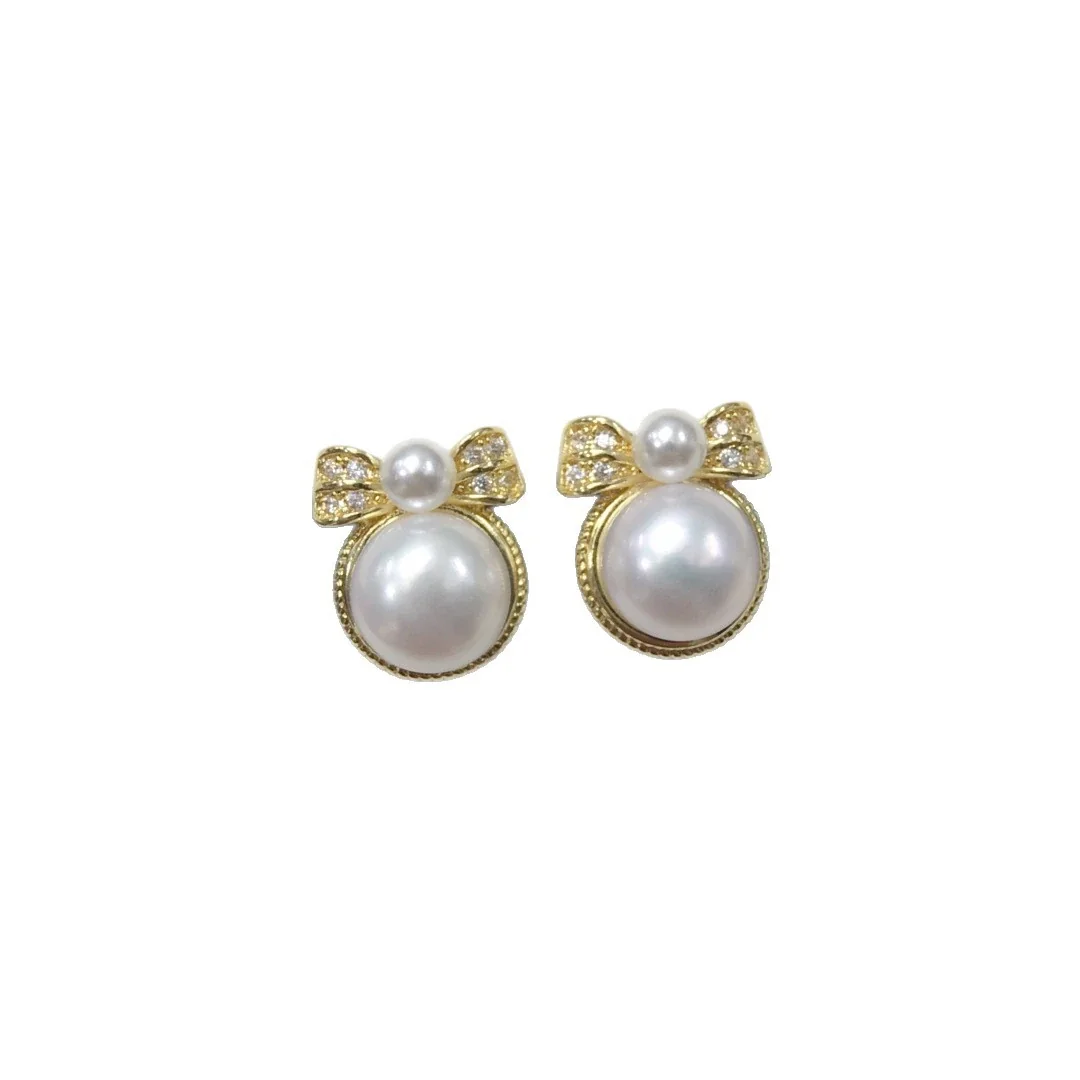 Ornate Gold-Plated Pavé Bow Freshwater Pearl Stud Earrings
