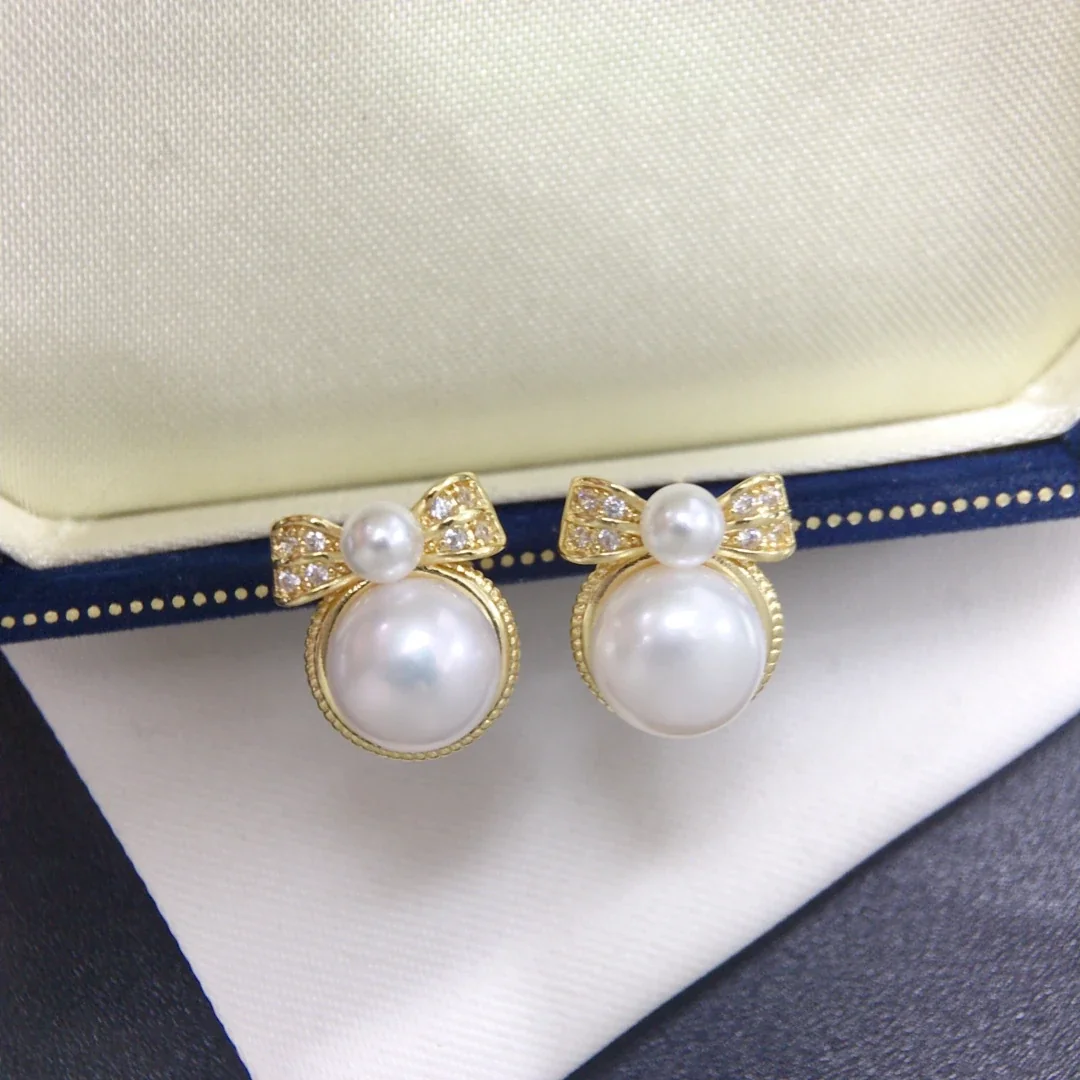 Ornate Gold-Plated Pavé Bow Freshwater Pearl Stud Earrings