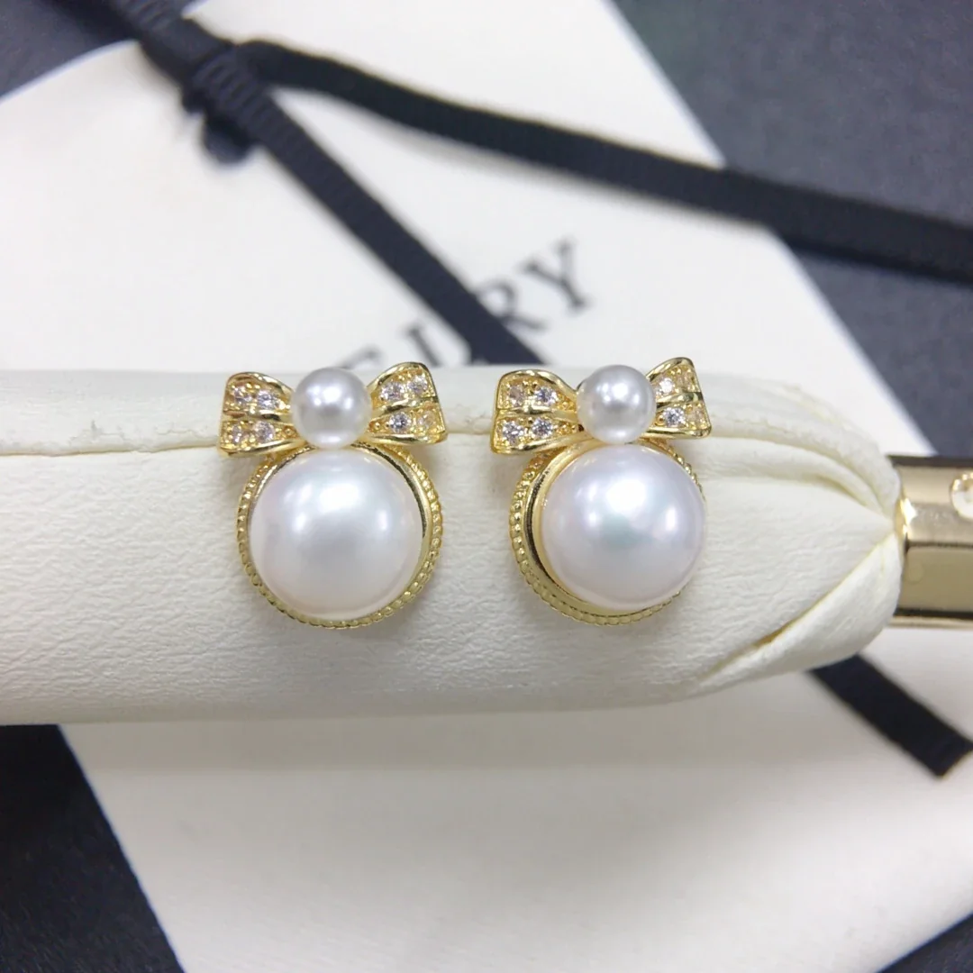 Ornate Gold-Plated Pavé Bow Freshwater Pearl Stud Earrings