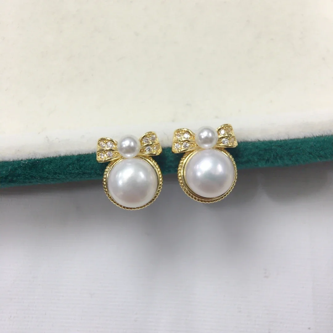 Ornate Gold-Plated Pavé Bow Freshwater Pearl Stud Earrings