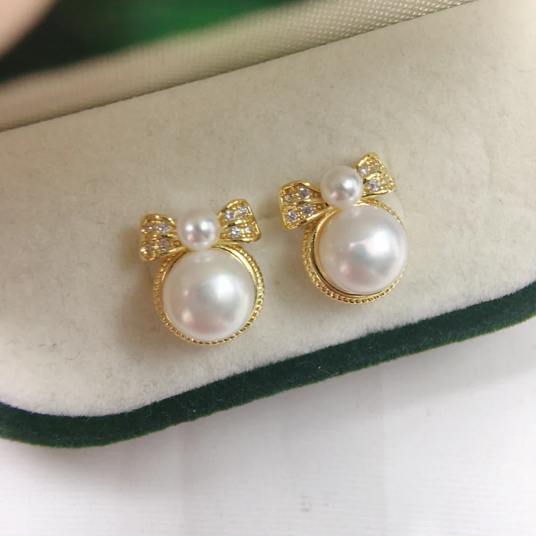 Ornate Gold-Plated Pavé Bow Freshwater Pearl Stud Earrings