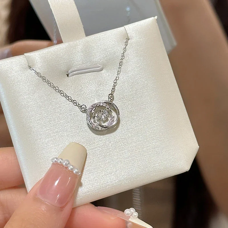 Sparkling Double-C 925 Sterling Silver Pavé Circle Necklace - Silver