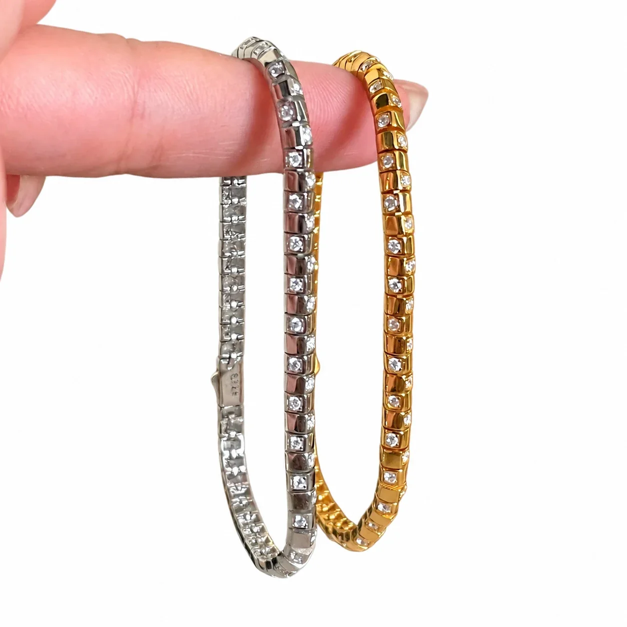Sleek 925 Sterling Silver Square-Set CZ Snake Bangle