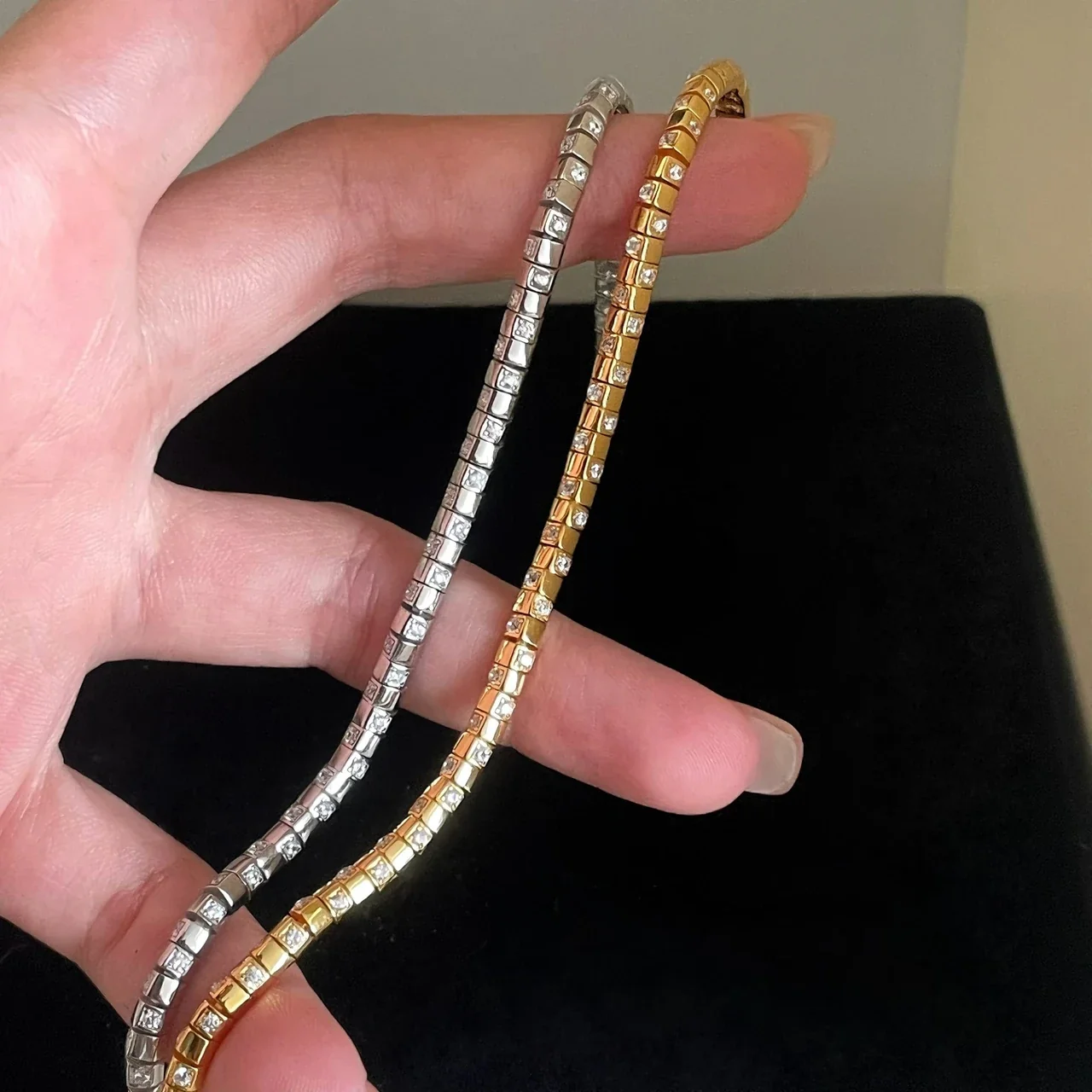 Sleek 925 Sterling Silver Square-Set CZ Snake Bangle