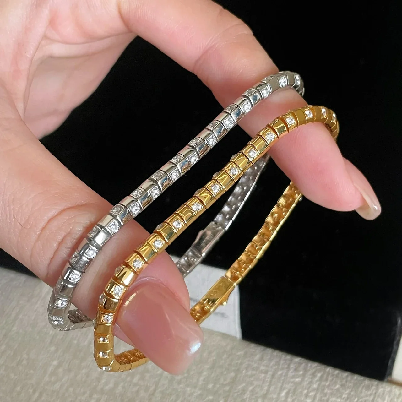 Sleek 925 Sterling Silver Square-Set CZ Snake Bangle