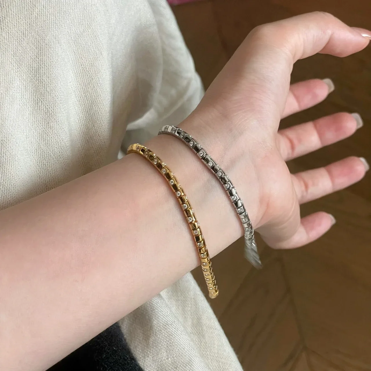 Sleek 925 Sterling Silver Square-Set CZ Snake Bangle