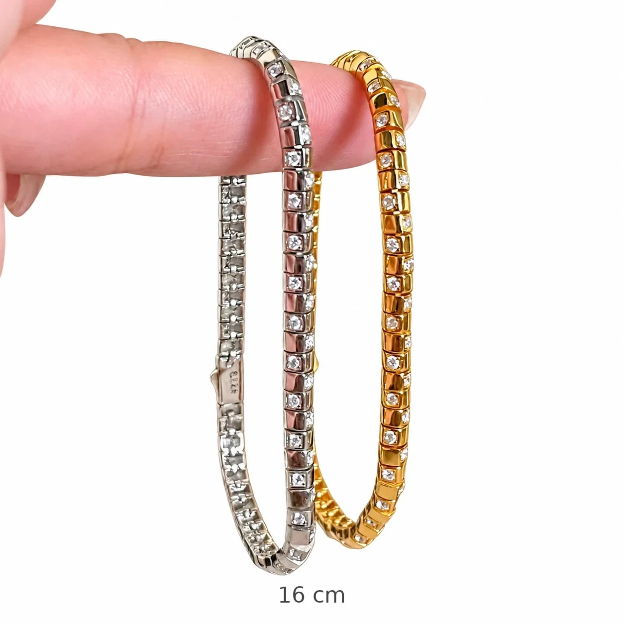 Sleek 925 Sterling Silver Square-Set CZ Snake Bangle - 16 cm