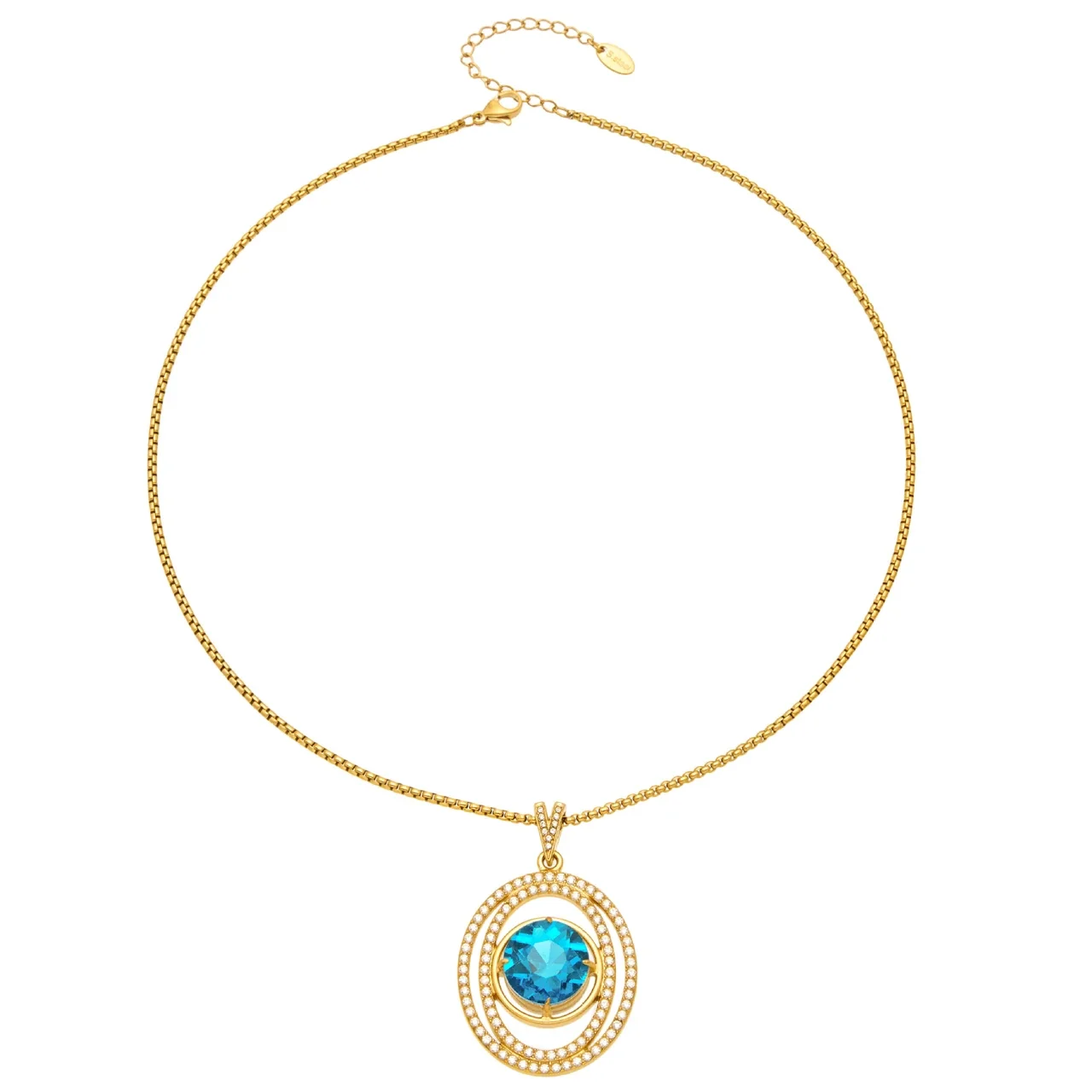 Radiant Oval Blue Glass Pavé Stainless Steel Necklace