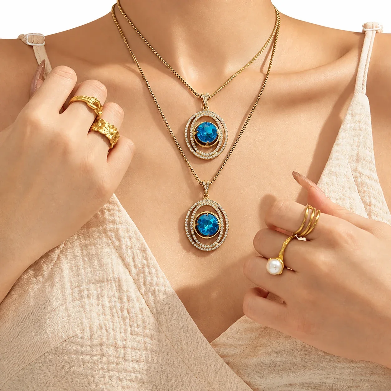 Radiant Oval Blue Glass Pavé Stainless Steel Necklace