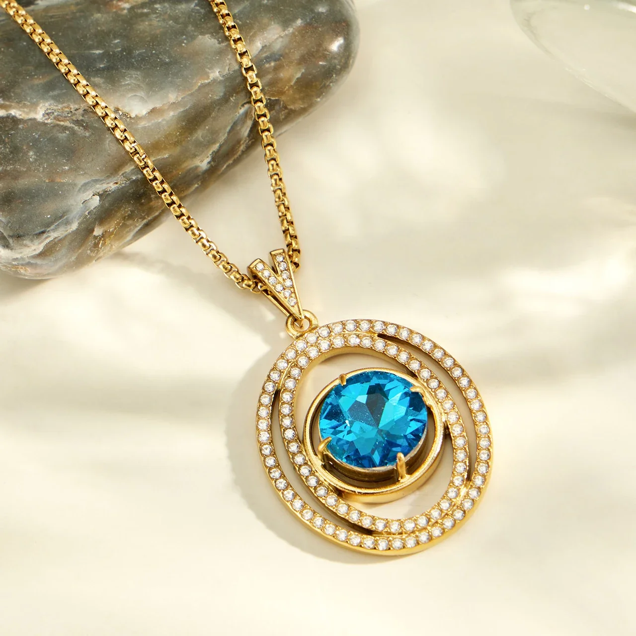 Radiant Oval Blue Glass Pavé Stainless Steel Necklace