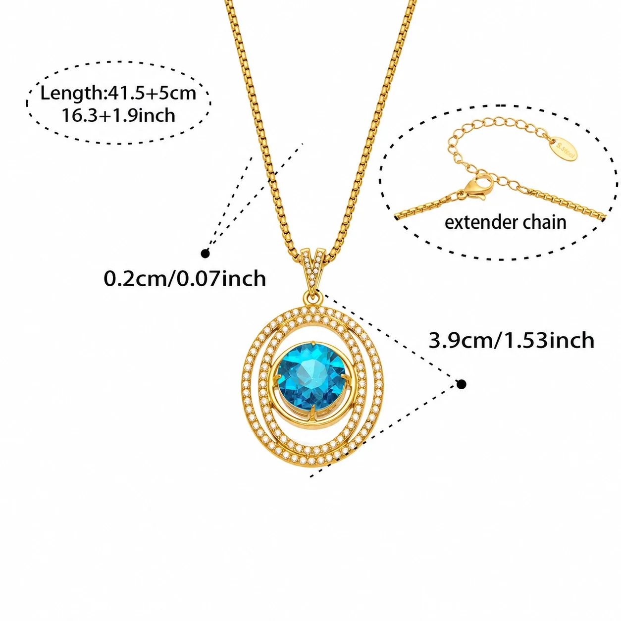 Radiant Oval Blue Glass Pavé Stainless Steel Necklace - P996--41.5+5cm