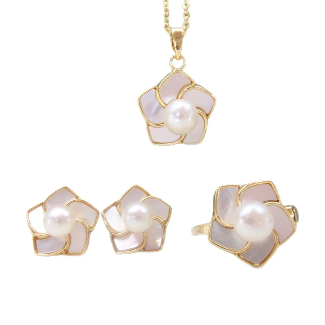 Pinwheel Gold-Plated Petal Round Freshwater Pearl Stud Earrings