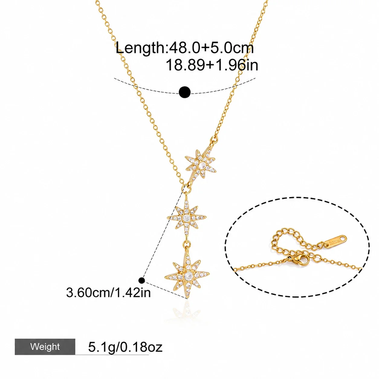 Celestial Starburst Y-Drop Stainless Steel Necklace - Gold Starburst