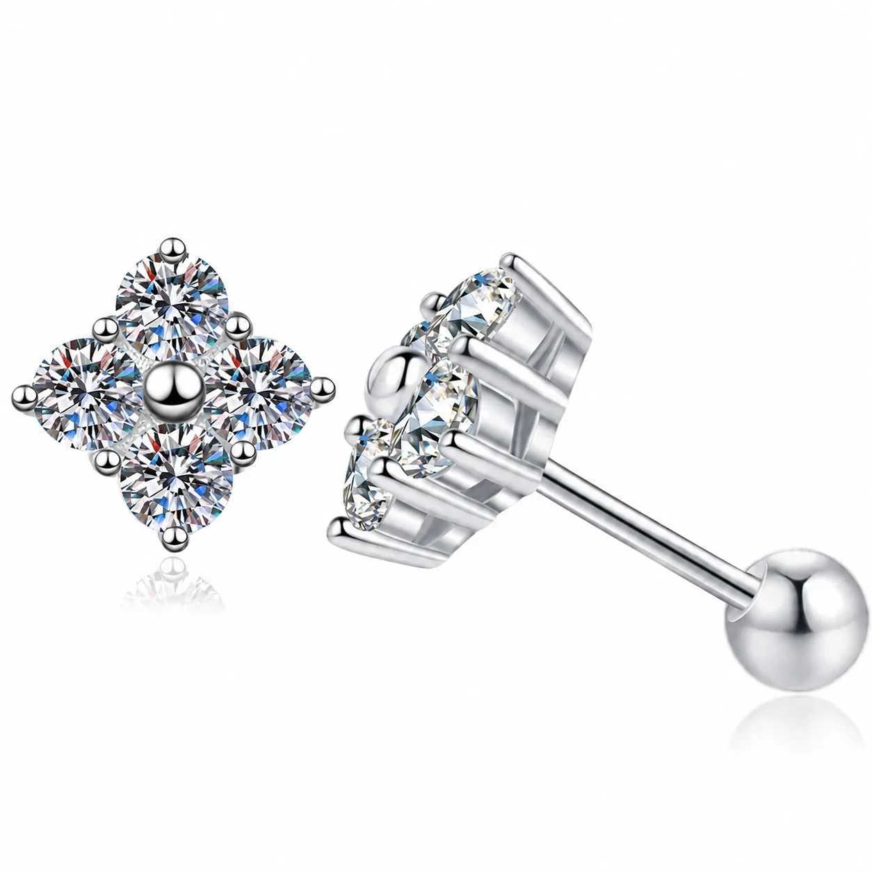 Petite Clover 925 Sterling Silver Round Moissanite Stud Earrings