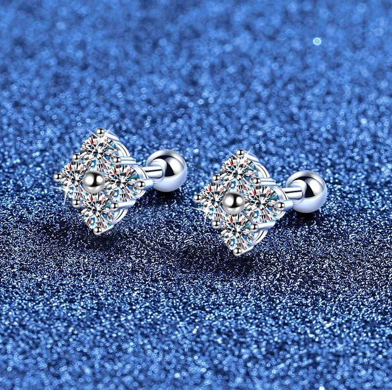 Petite Clover 925 Sterling Silver Round Moissanite Stud Earrings
