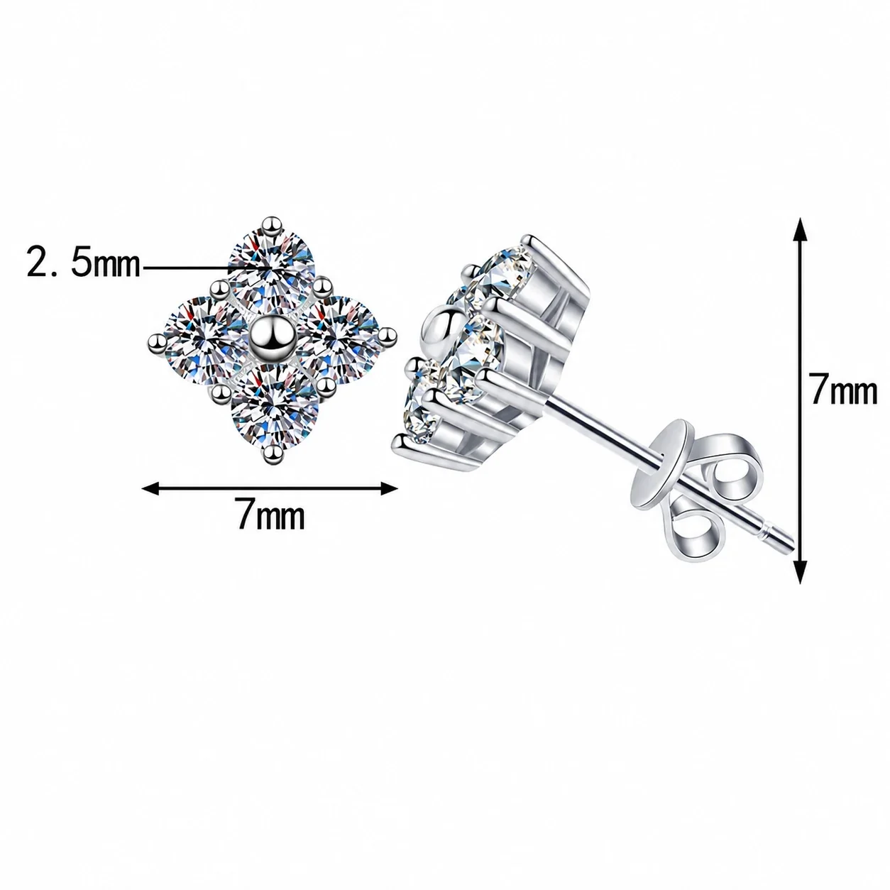 Petite Clover 925 Sterling Silver Round Moissanite Stud Earrings - Silver Push Back Moissanite