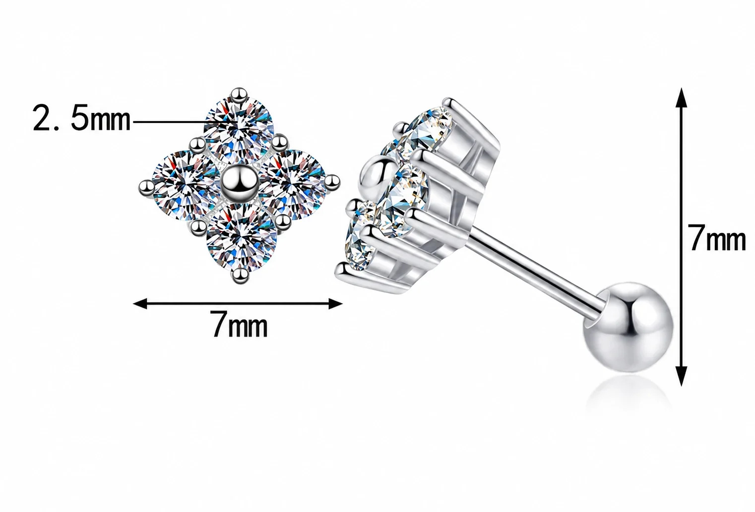 Petite Clover 925 Sterling Silver Round Moissanite Stud Earrings - Silver Screw Back Moissanite