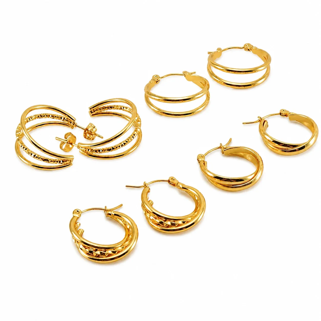 Sculptural Gold-Plated Stainless Steel Layered Ribbed Hoop Earrings