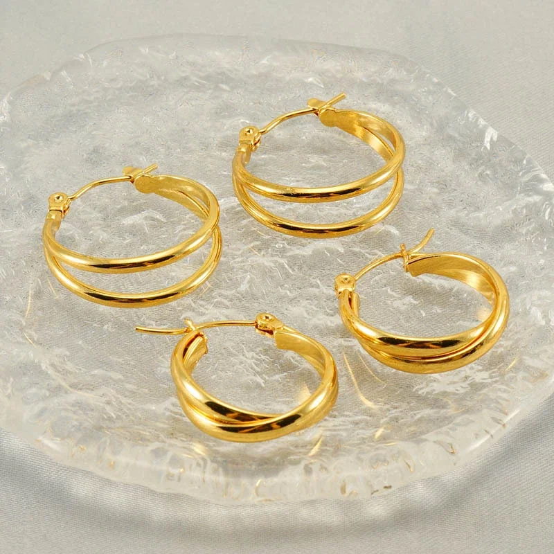 Sculptural Gold-Plated Stainless Steel Layered Ribbed Hoop Earrings