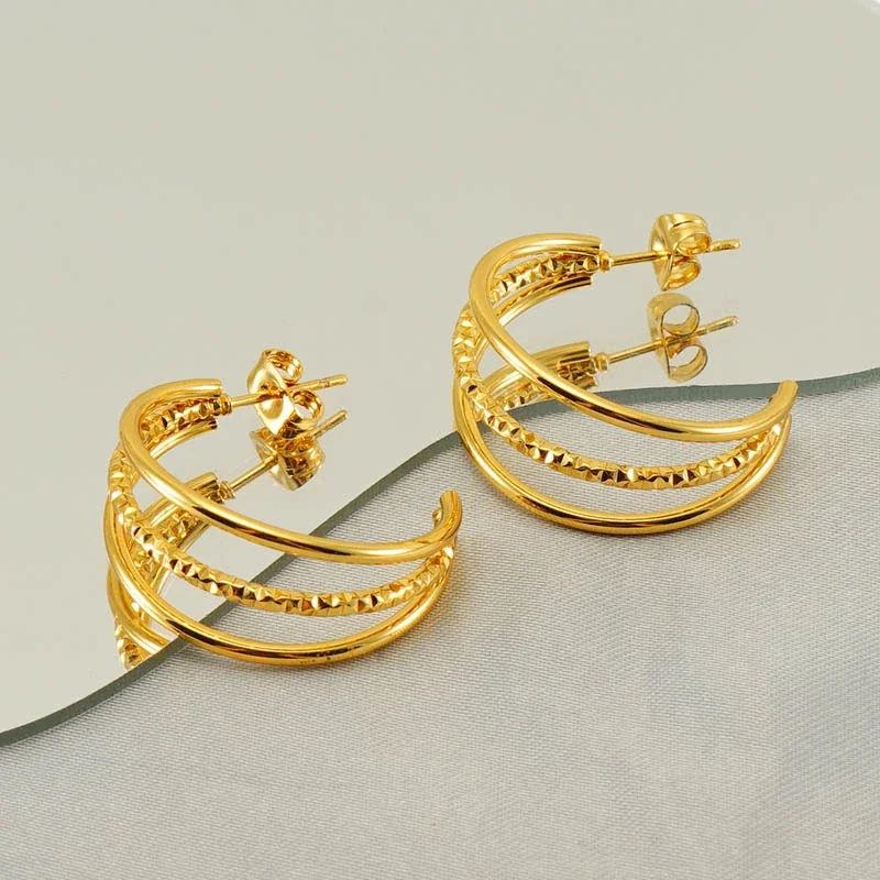 Sculptural Gold-Plated Stainless Steel Layered Ribbed Hoop Earrings