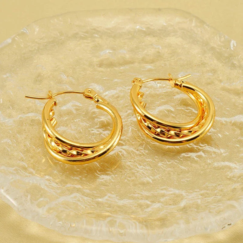 Sculptural Gold-Plated Stainless Steel Layered Ribbed Hoop Earrings