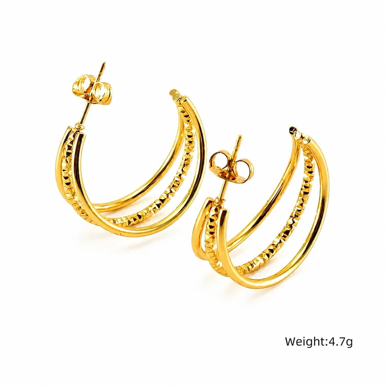 Sculptural Gold-Plated Stainless Steel Layered Ribbed Hoop Earrings - Gold Double Hoop