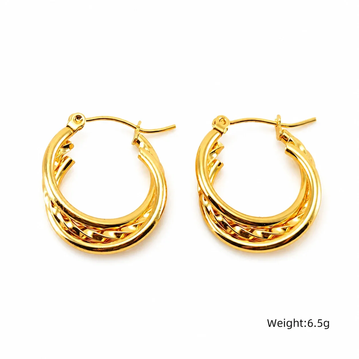 Sculptural Gold-Plated Stainless Steel Layered Ribbed Hoop Earrings - Gold Ribbed Hoop