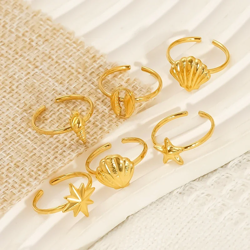 Coastal Gold-Plated Stainless Steel Shell Star Open Ring