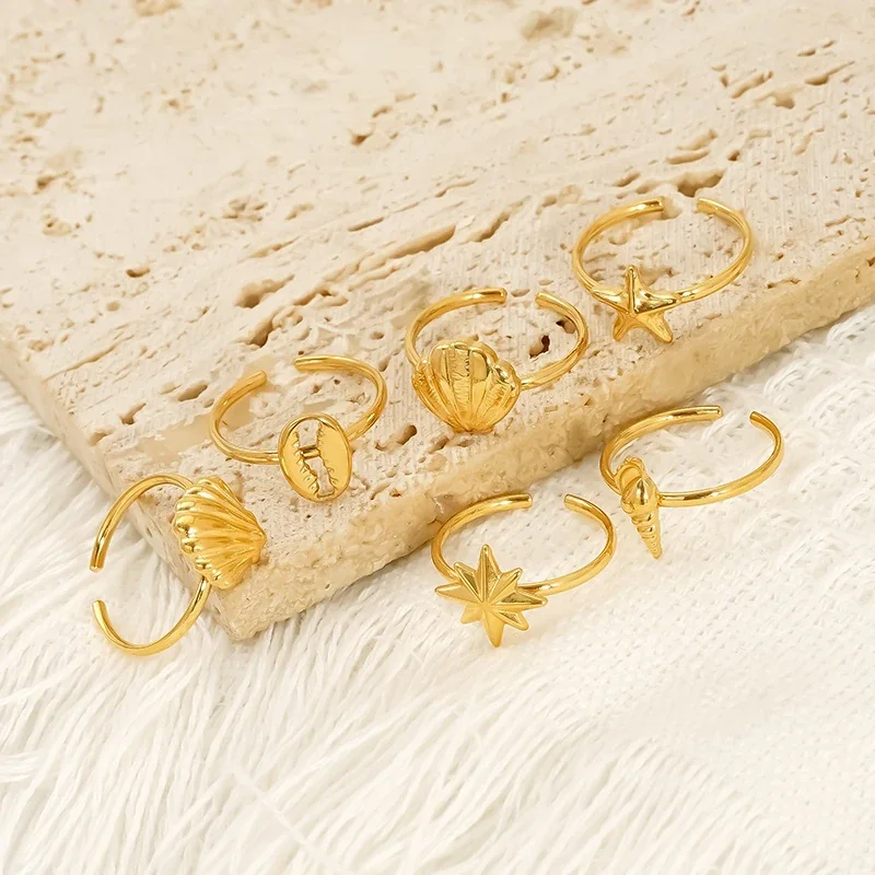 Coastal Gold-Plated Stainless Steel Shell Star Open Ring