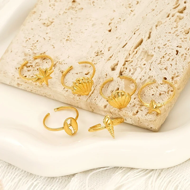 Coastal Gold-Plated Stainless Steel Shell Star Open Ring