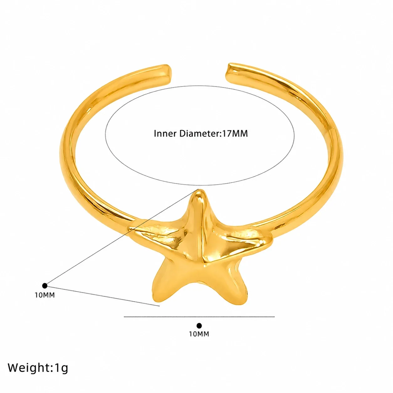 Coastal Gold-Plated Stainless Steel Shell Star Open Ring - Gold Cowrie Shell