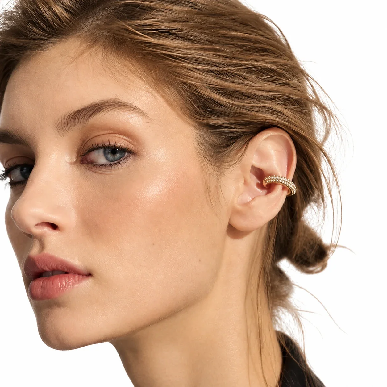 Curved Pavé CZ Open Hoop Stainless Steel Ear Cuff Earrings