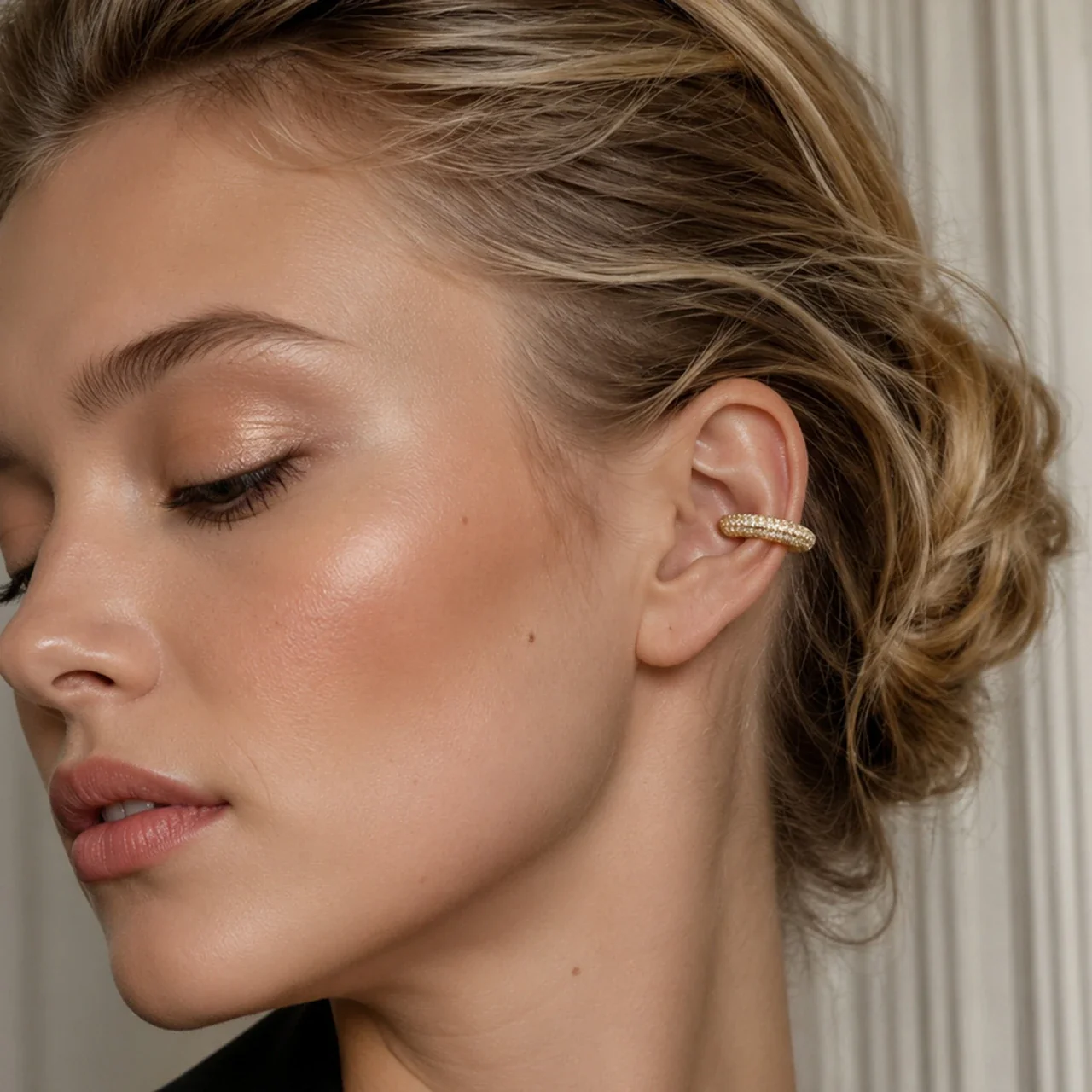 Curved Pavé CZ Open Hoop Stainless Steel Ear Cuff Earrings