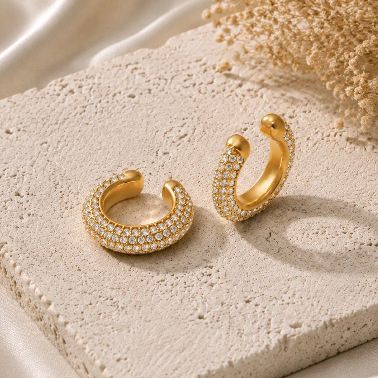 Curved Pavé CZ Open Hoop Stainless Steel Ear Cuff Earrings
