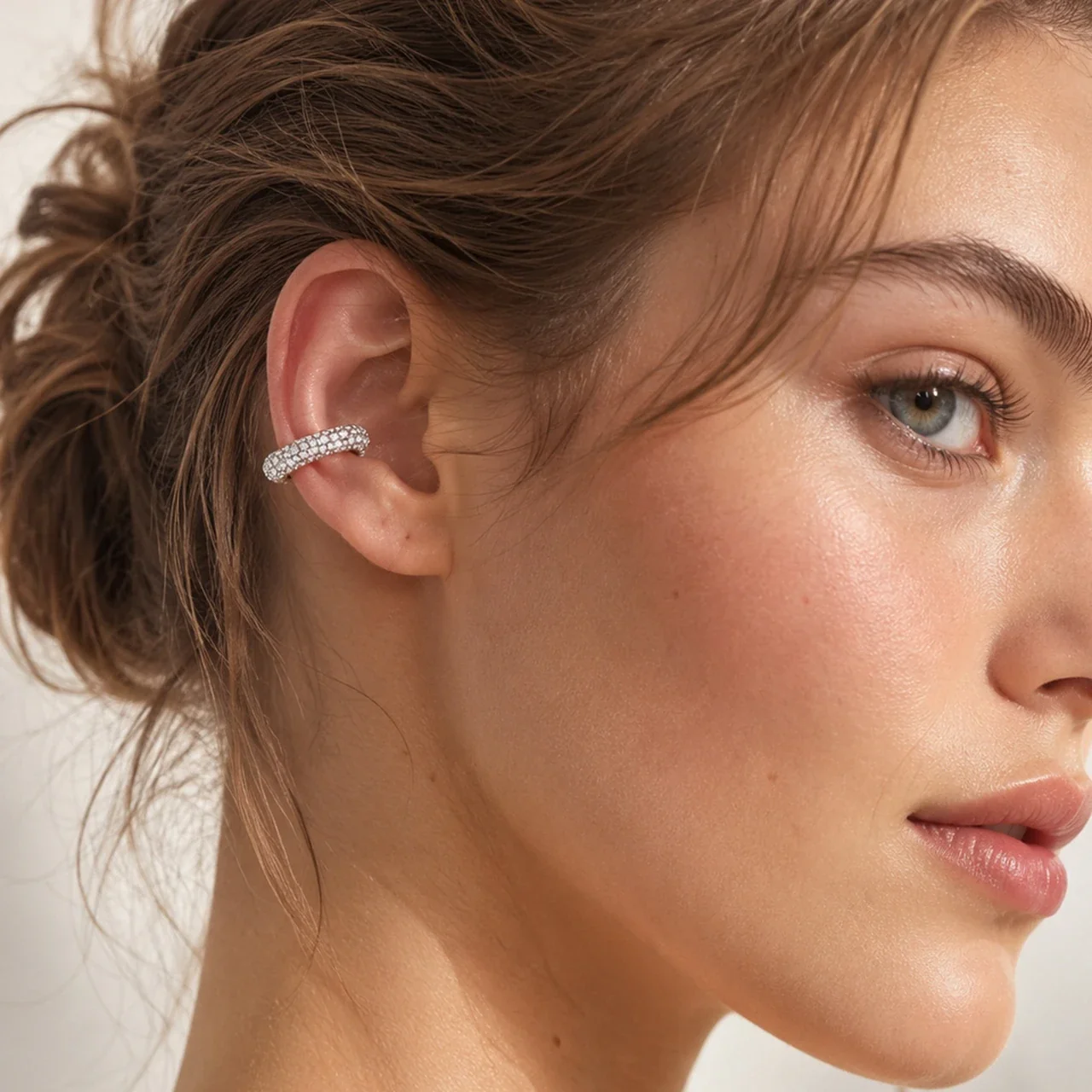 Curved Pavé CZ Open Hoop Stainless Steel Ear Cuff Earrings