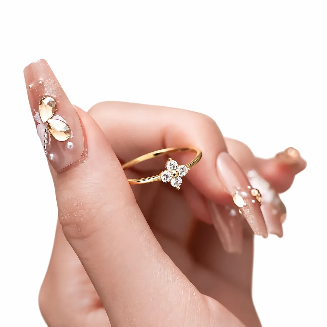 Dainty 925 Sterling Silver Clover Crystal Slim-Band Ring