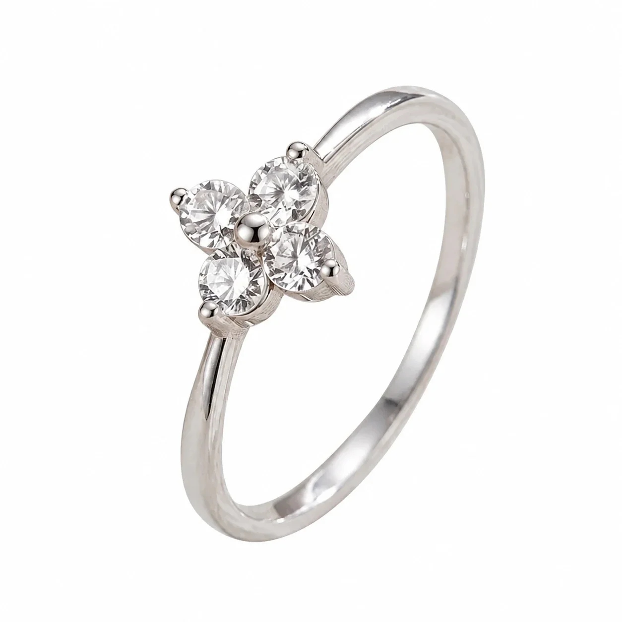 Dainty 925 Sterling Silver Clover Crystal Slim-Band Ring - Silver