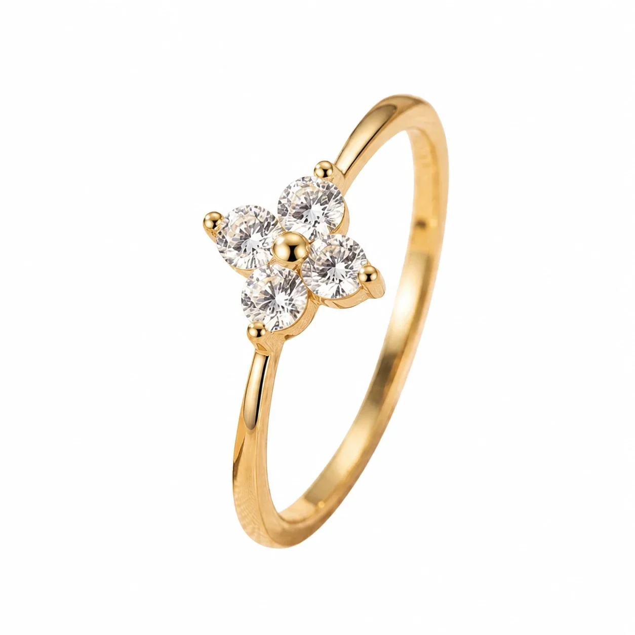 Dainty 925 Sterling Silver Clover Crystal Slim-Band Ring - Gold
