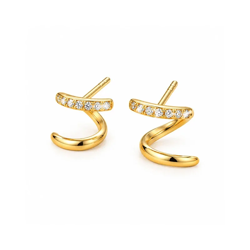 Sculptural Gold-Plated 925 Sterling Silver Pave Spiral Stud Earrings