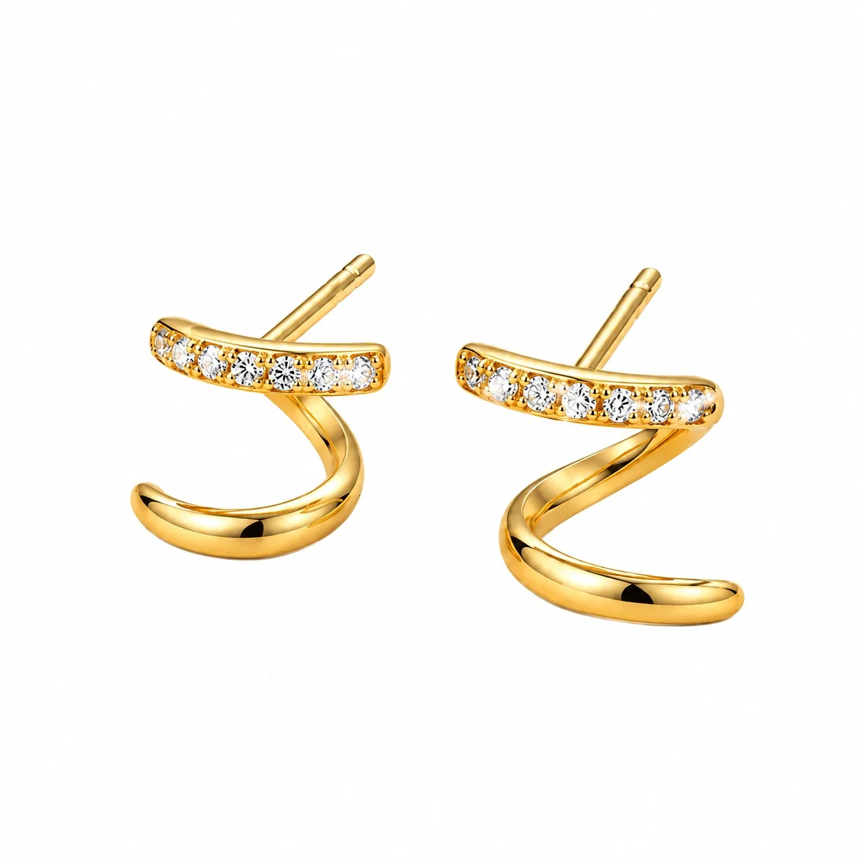 Sculptural Gold-Plated 925 Sterling Silver Pave Spiral Stud Earrings