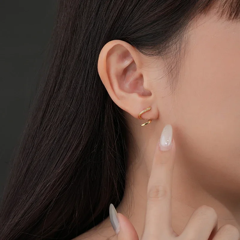 Sculptural Gold-Plated 925 Sterling Silver Pave Spiral Stud Earrings