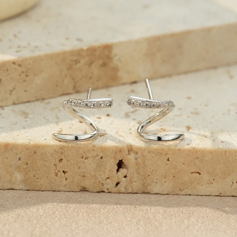 Sculptural Gold-Plated 925 Sterling Silver Pave Spiral Stud Earrings - Silver