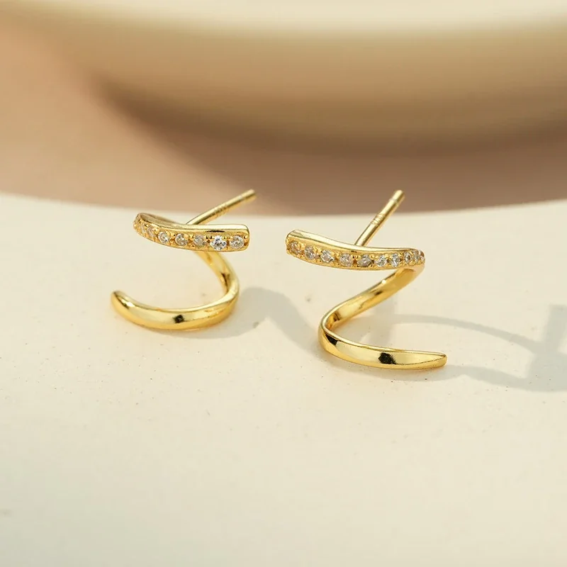Sculptural Gold-Plated 925 Sterling Silver Pave Spiral Stud Earrings - Gold
